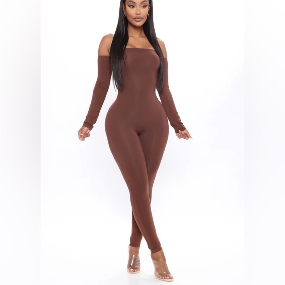Fashion Nova Chocolate Brown Off-Shoulder Jumpsuit
